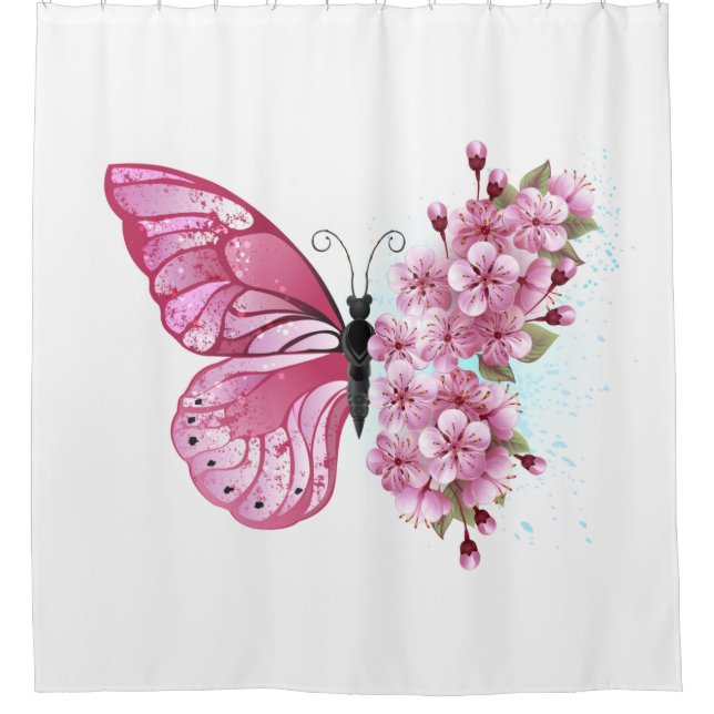 Rideaux De Douche Papillon à fleurs avec Sakura rose (Devant)