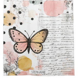 Rideaux De Douche Papillon aquarelle rose or boho art de la nature (