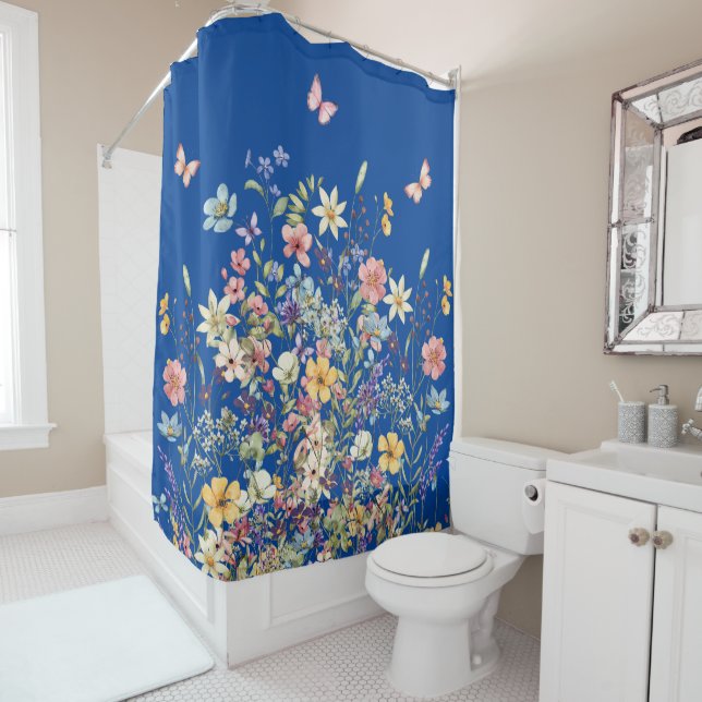Rideaux De Douche Papillon botanique bleu et floral (En situation)