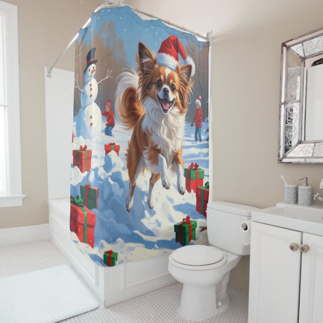 Rideaux De Douche Papillon Chien courant dans la neige avec Casquett (En situation)
