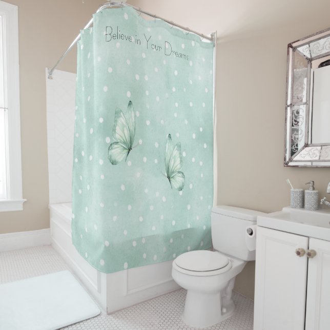 Rideaux De Douche Papillon Croire Points Blancs Menthe (En situation)