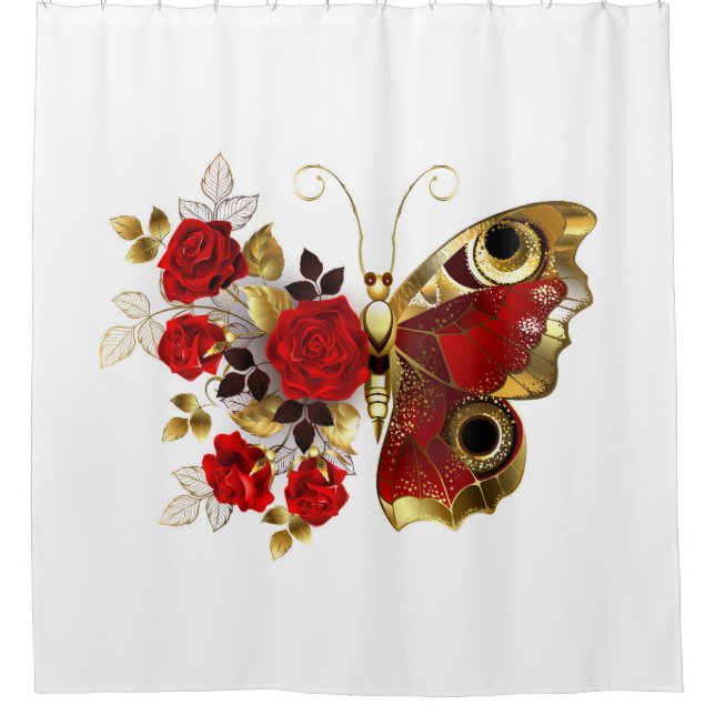 Rideaux De Douche Papillon de fleurs rouges aux roses rouges (Devant)