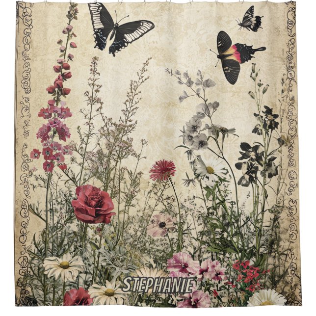 Rideaux De Douche Papillon de prairie de fleurs sauvages sépia antiq (Devant)