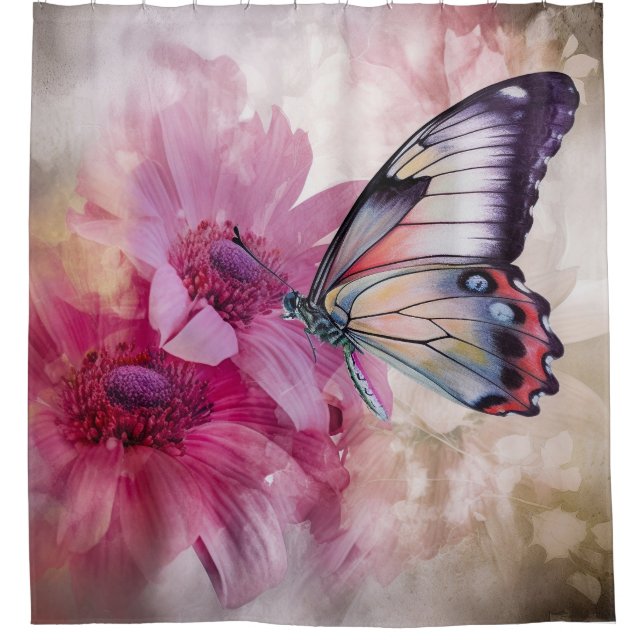 Rideaux De Douche Papillon Dreamy aux fleurs roses (Devant)