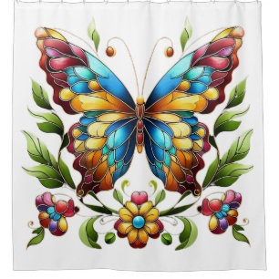 Rideaux De Douche Papillon en vitrail coloré avec fleurs