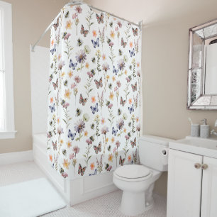 Rideaux De Douche Papillon et abeille de fleur sauvage aquarelle vio