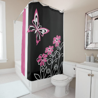 Rideaux De Douche Papillon et fleurs roses de canneberge