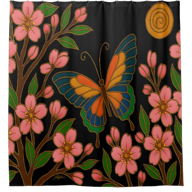 Rideaux De Douche Papillon Fleur de Cerisier Lune (Devant)