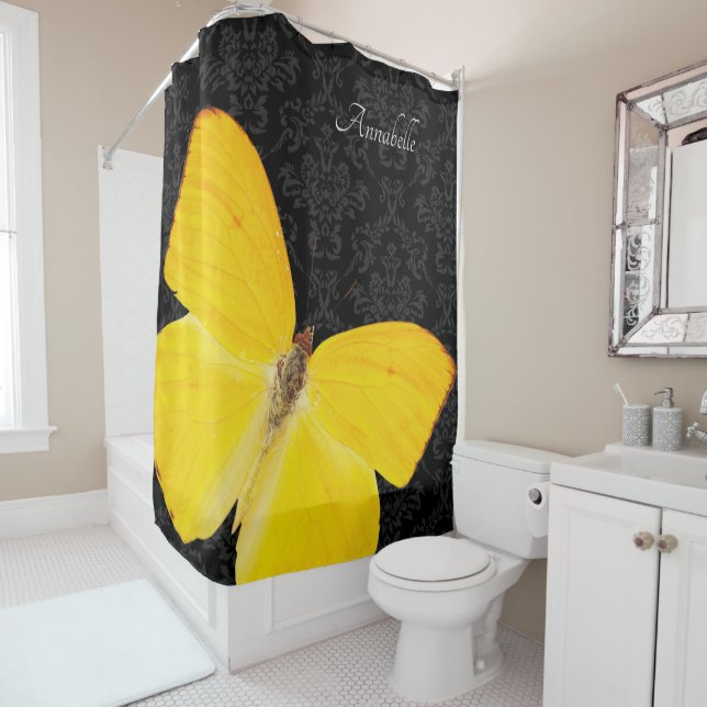 Rideaux De Douche Papillon jaune élégant Damassé noir Ajouter un nom (En situation)