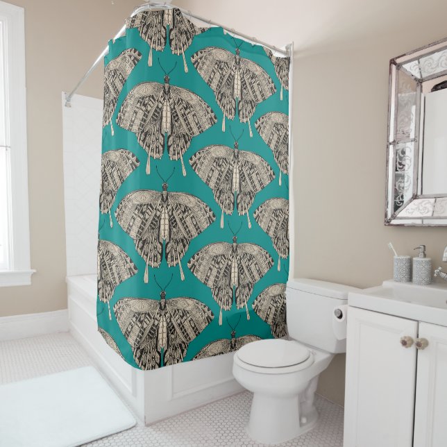 Rideaux De Douche papillon noir turquoise (En situation)