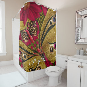 Rideaux De Douche Papillon rouge et or de luxe Nom personnalisé
