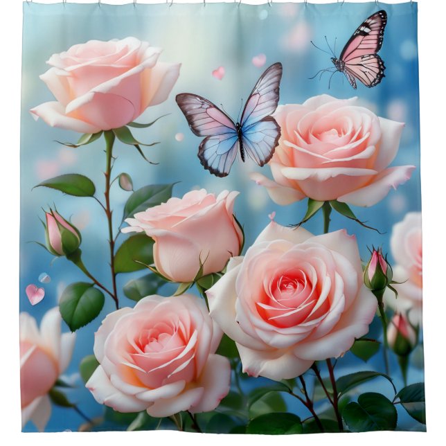 Rideaux De Douche Papillon Sur Fleur Rose (Devant)