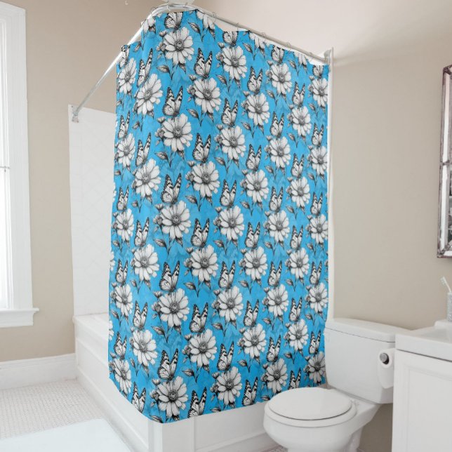 Rideaux De Douche Papillon sur Motif de fleurs Design bleu (Créateur téléchargé)