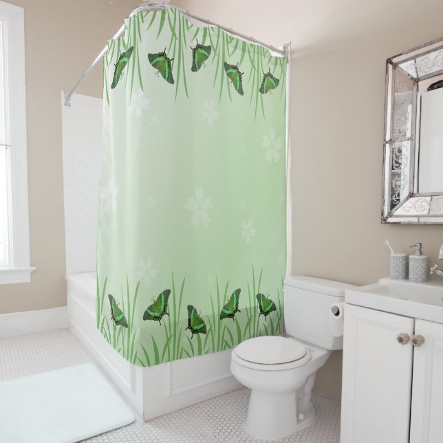 Rideaux De Douche Papillon vert sur vert clair - romantique (En situation)