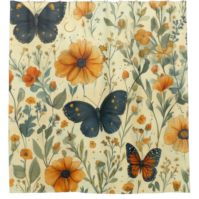 Rideaux De Douche Papillon Vintage Fleur Sauvage (5) (Devant)