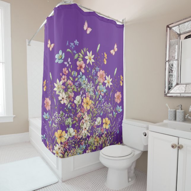 Rideaux De Douche Papillon Violet et Fleurs  (En situation)