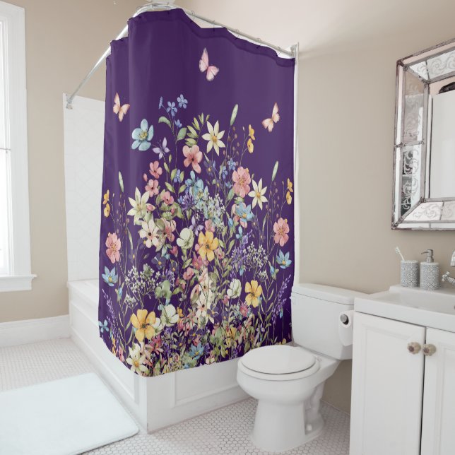 Rideaux De Douche Papillon Violet et Fleurs  (En situation)