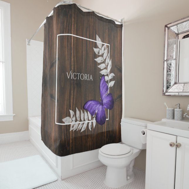 Rideaux De Douche Papillon violet rustique Personnalisé (En situation)