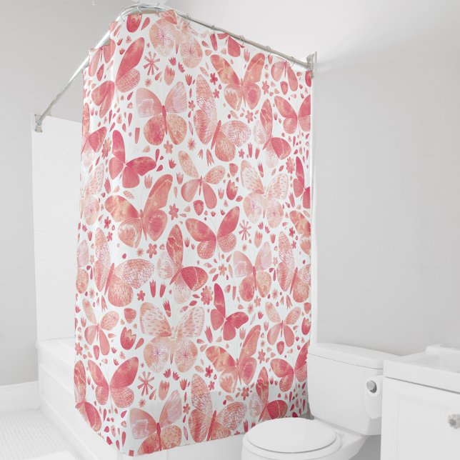 Rideaux De Douche Papillons Aquarelle Corail rose (Coral peach blush pink watercolor butterfly pattern shower curtain)