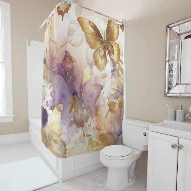 Rideaux De Douche Papillons aquarelle papillon violet et or (En situation)