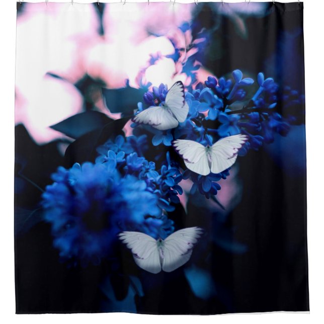 Rideaux De Douche Papillons blancs Fleurs bleues, papillon (Devant)
