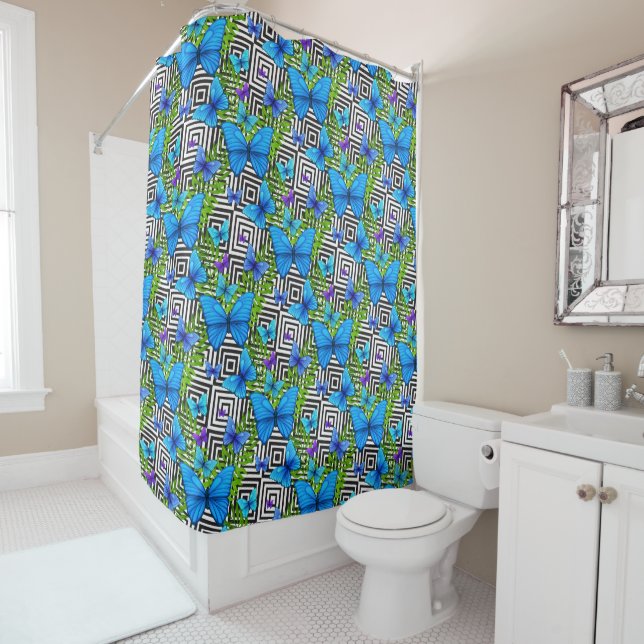 Rideaux De Douche Papillons Bleus  (En situation)