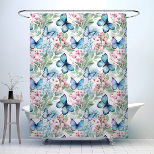 Rideaux De Douche Papillons bleus, fleurs roses,