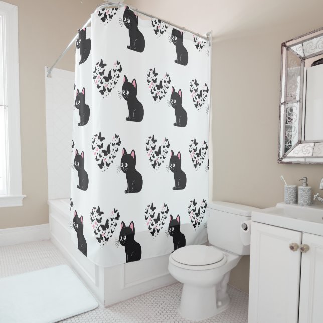 Rideaux De Douche Papillons d'observation des chats noirs (En situation)