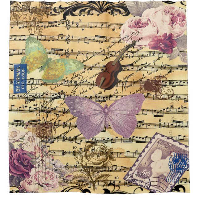 Rideaux De Douche Papillons, roses et notes éphémères  (Devant)