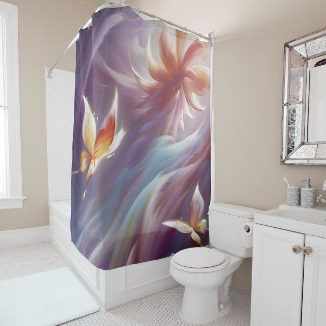 Rideaux De Douche Papillons stylisés et fleurs (En situation)