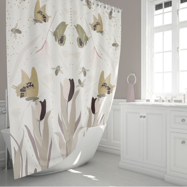 Rideaux De Douche Papillons Tulipes Motif Gold Sage (Elegant Gold Sage Butterflies Bees Tulips Shower Curtain by Studio Posies.)