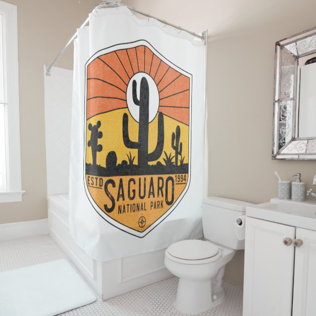 Rideaux De Douche Parc national Retro Saguaro Arizona Tucson Cactus (En situation)