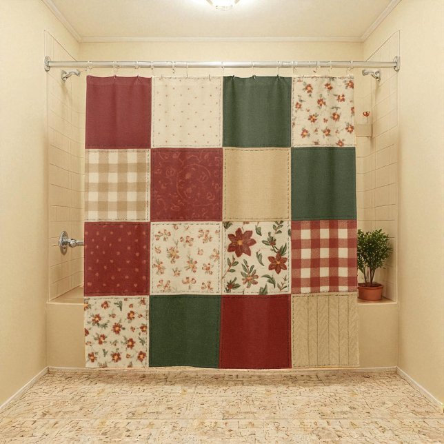 Rideaux De Douche Parcelle rouge vert Patchwork Rustique Ferme Flora (Créateur téléchargé)