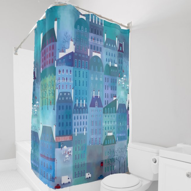 Rideaux De Douche Paris bleu (Painting of Paris France in blue and green. French cityscape art shower curtain.)