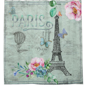 Rideaux De Douche Paris-Eiffel Tour-Fleur-Floral-Vintage-Rose