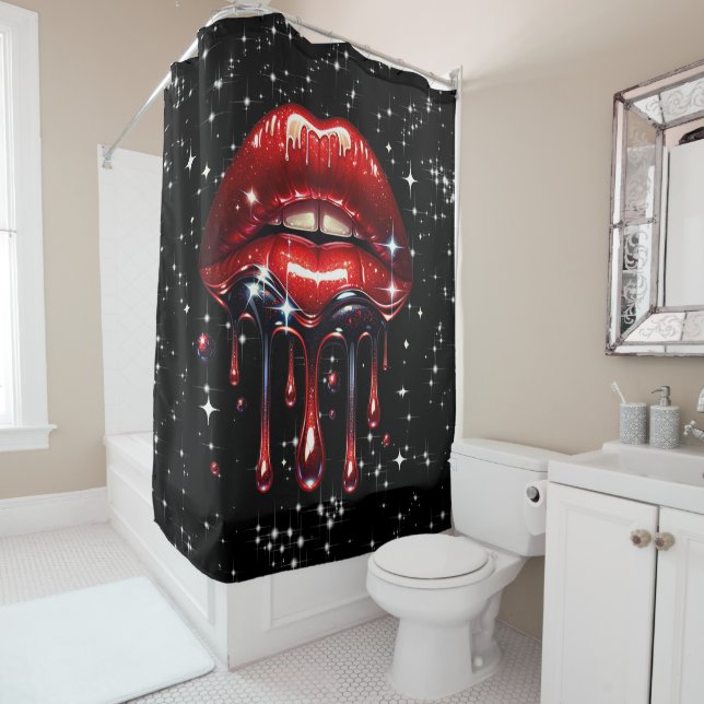 Rideaux De Douche Parties scintillant à gouttes rouges Glam Sparkle (En situation)