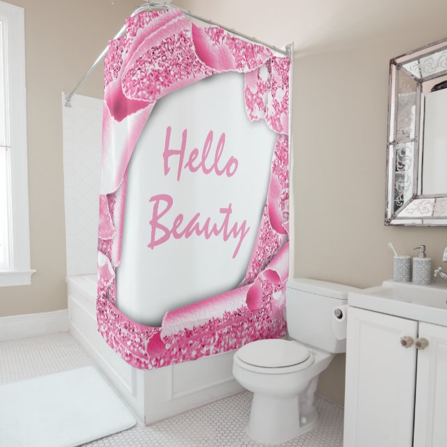Rideaux De Douche Parties scintillant brillante 3D PINK Frame HELLO  (En situation)