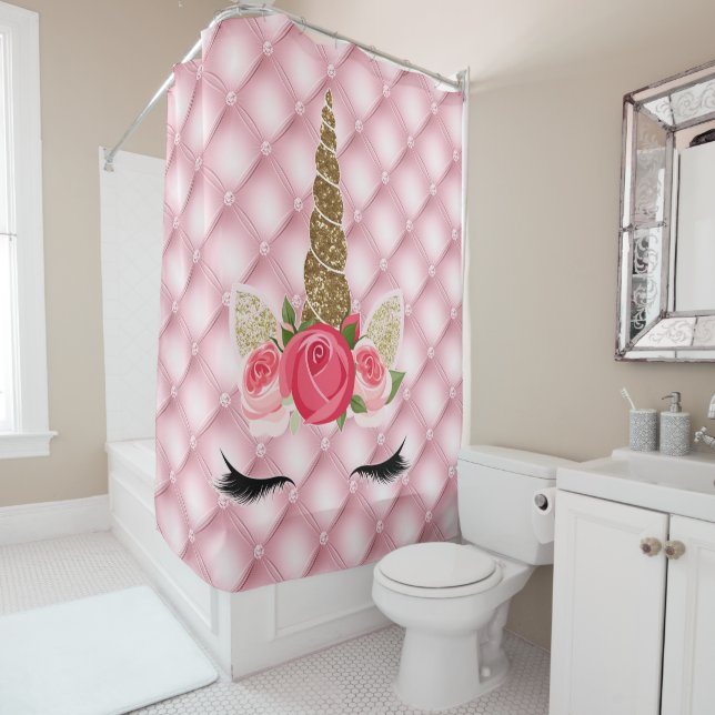 Rideaux De Douche Parties scintillant d'or et rose Roses Unicorne (En situation)