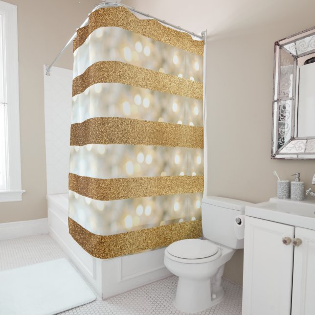 Rideaux De Douche Parties scintillant D'Or Faux Moderne Et Bandes Lu (En situation)