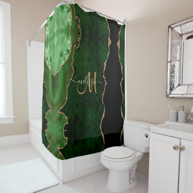 Rideaux De Douche Parties scintillant d'or vert chic Agate Monogramm (En situation)