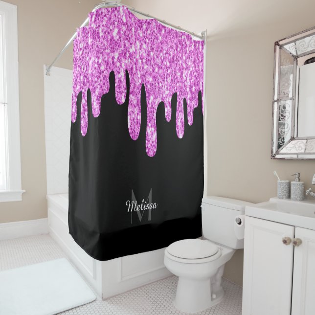 Rideaux De Douche Parties scintillant étincelante rose noir Monogram (En situation)