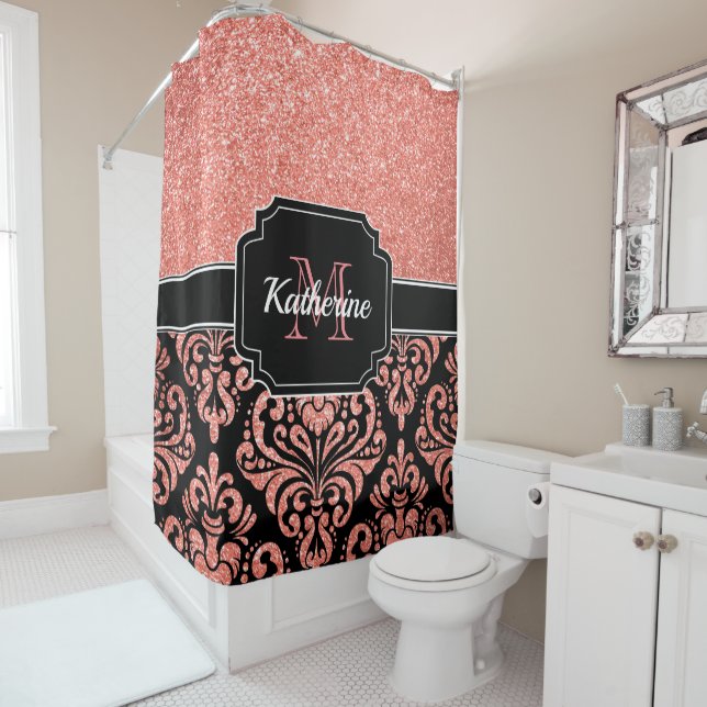 Rideaux De Douche Parties scintillant or rose Damask (En situation)