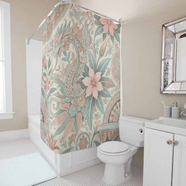 Rideaux De Douche Pastel Blue Rose Boho Floral Indonésien Batik (En situation)