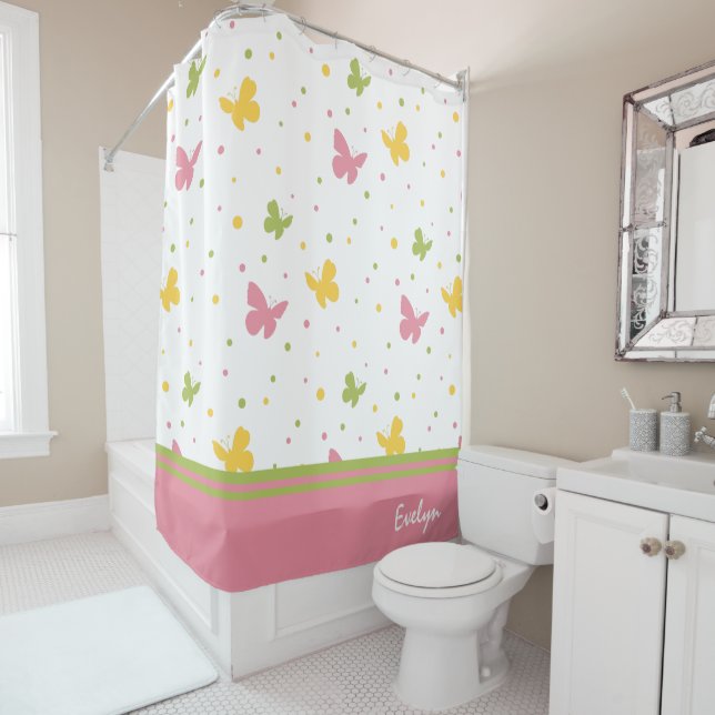 Rideaux De Douche Pastel Butterfly Motif avec nom Salle de bain (En situation)