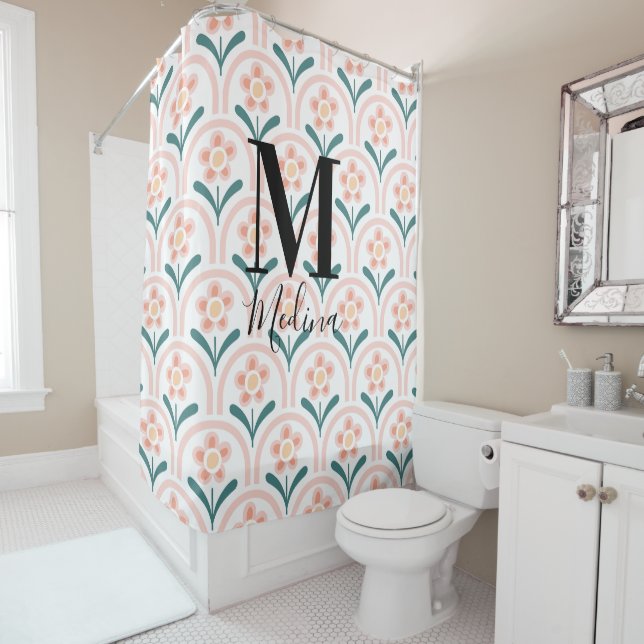 Rideaux De Douche Pastel Flora Motif Monogramme noir Script moderne (En situation)