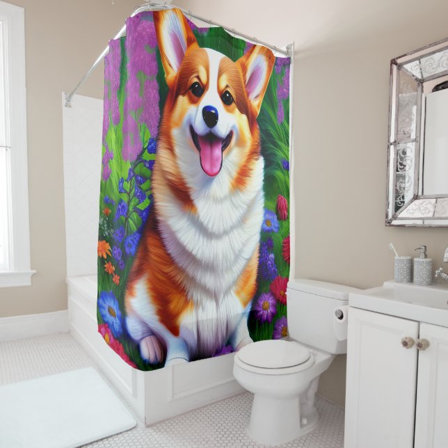 Rideaux De Douche Pastel Floral Corgi (En situation)