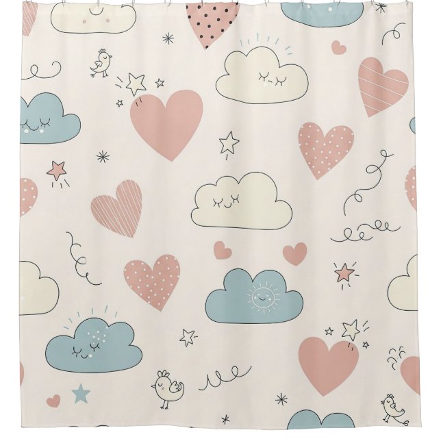 Rideaux De Douche Pastel Hearts & Clouds Watercolor Dream (10) (Devant)