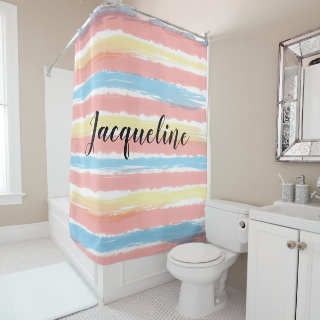 Rideaux De Douche Pastel Pink Blue Yellow Stripes NOM (En situation)