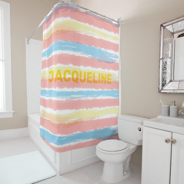 Rideaux De Douche Pastel Pink Blue Yellow Stripes NOM JAUNE (En situation)