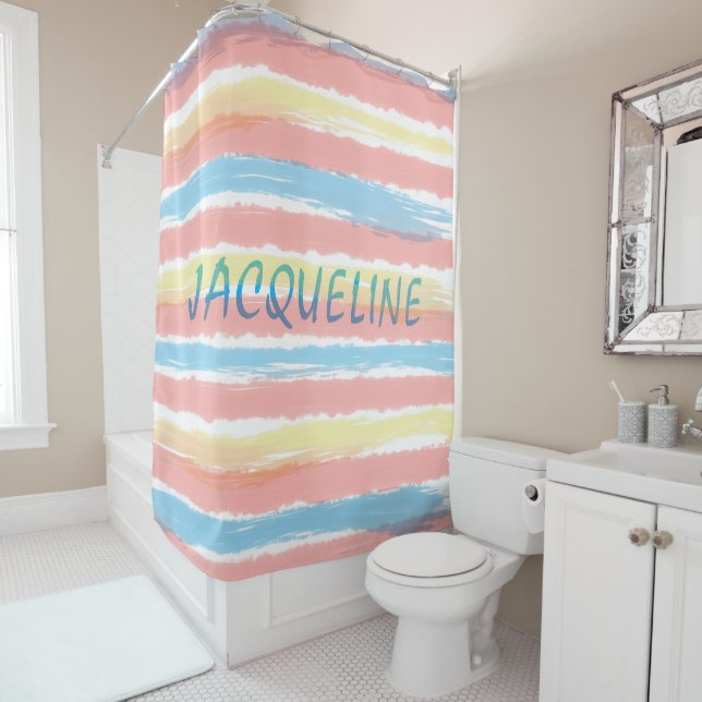 Rideaux De Douche Pastel Rose Bleu Jaune Rayures BLEU NOM   (En situation)